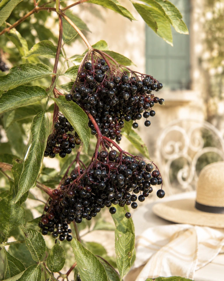 Schwarzer Holunder mit reifen Beeren-Dolden