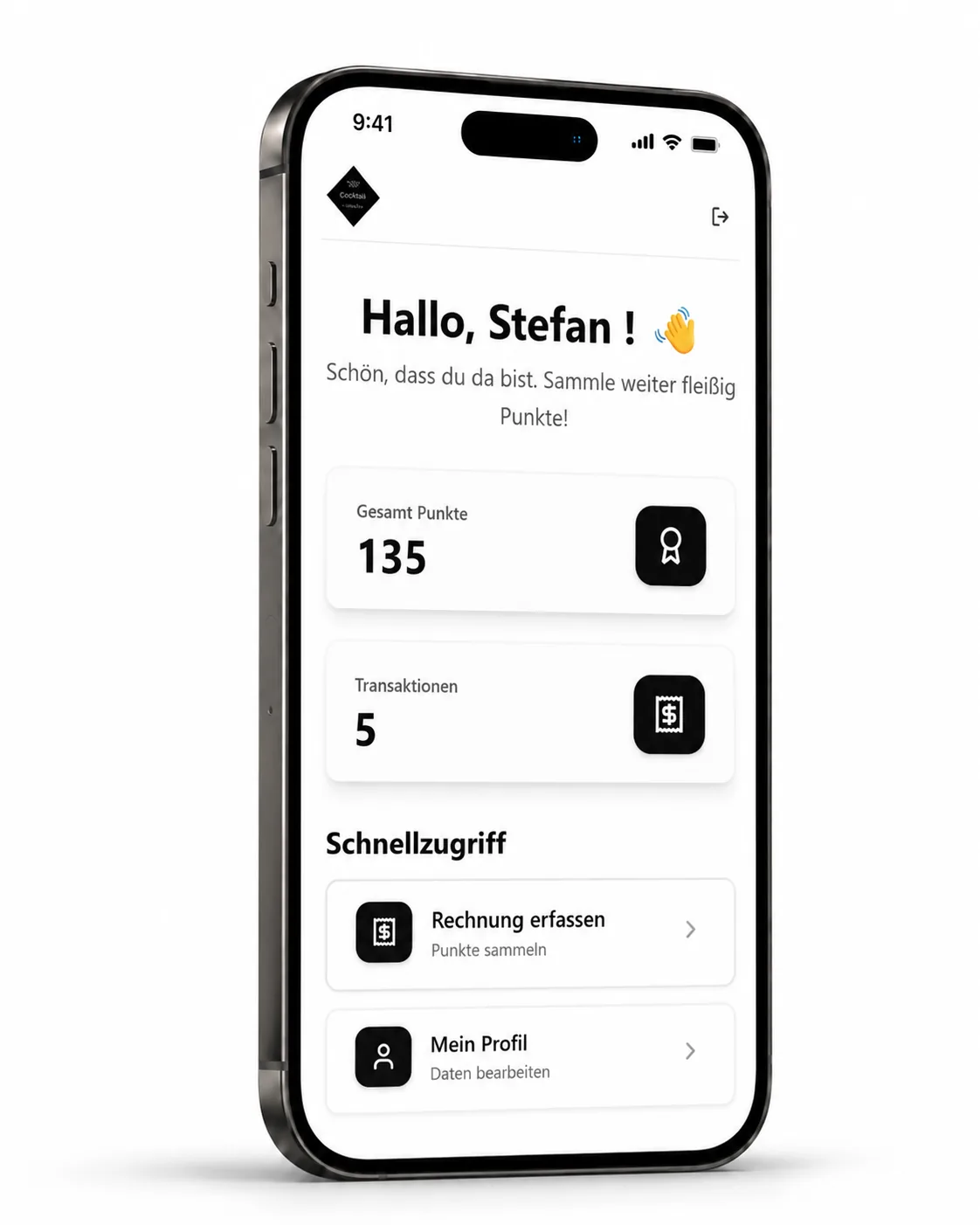 bestens. bar App – Dashboard mit Punktestand